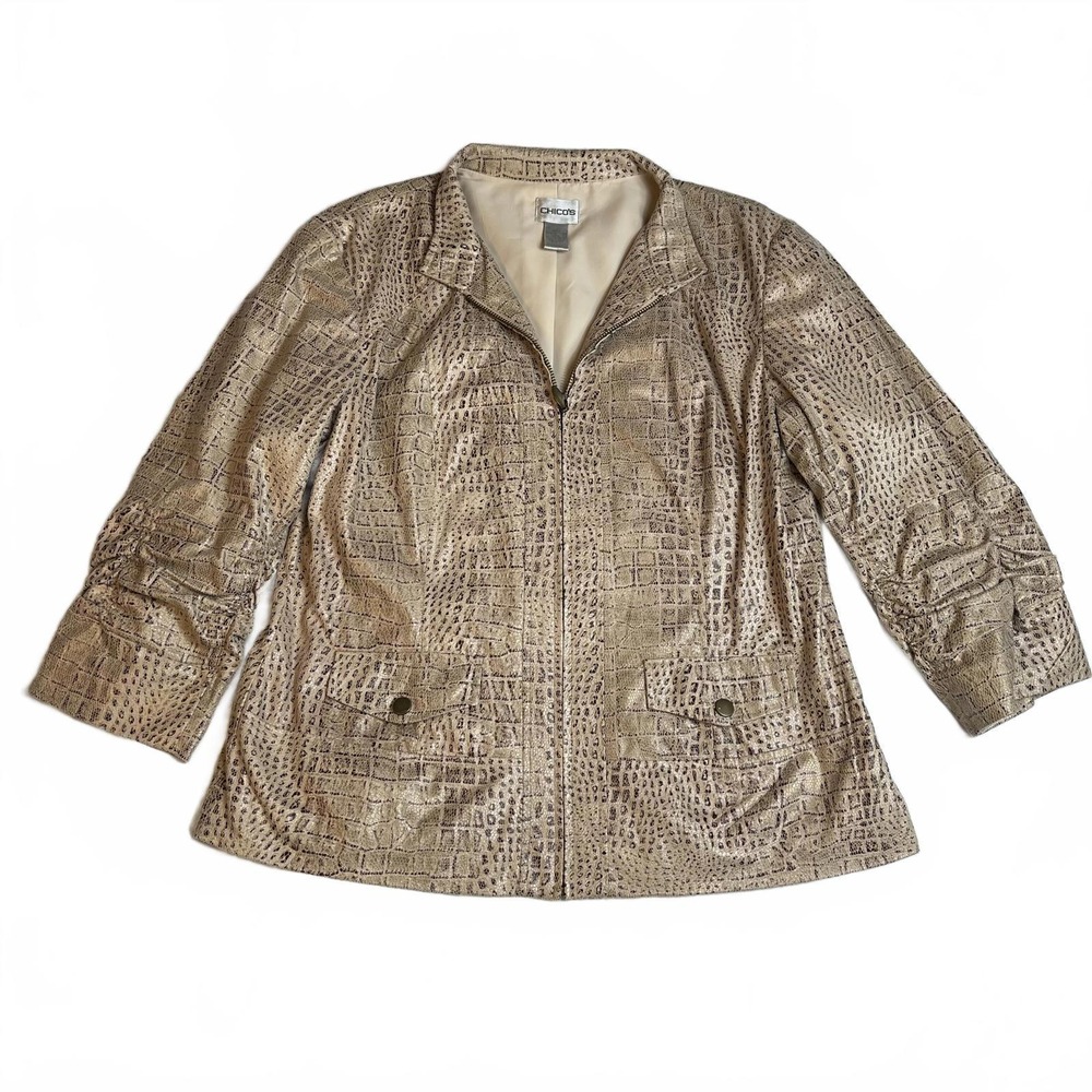 Chico's Animal Print Textured Metallic Jacket Faux Crocodile
